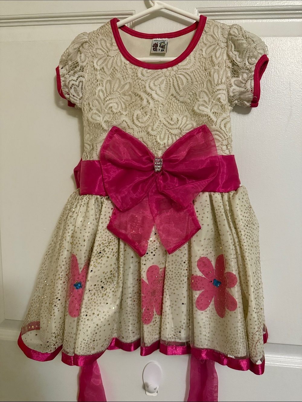 Girls Cream Lace Party Dress with Hot Pink Bow